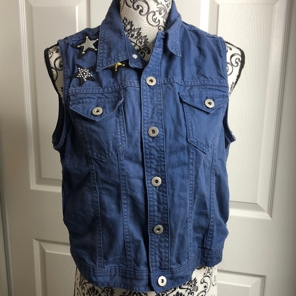 Authethic Icon Vest Blue New L Button Up Stars Embellished - Picture 1 of 6